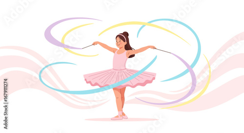 Young Ballet Dancer Practicing Artistic Gymnastics with Colorful Ribbons in Bright Light