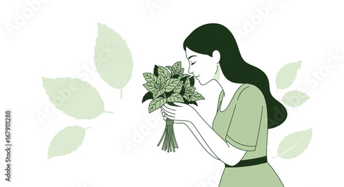 Woman Smelling Fresh Mint Illustration Depicting Nature And Tranquility In Green Tones