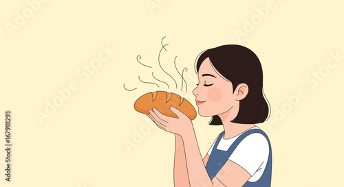 Woman Smelling Freshly Baked Artisan Bread A Symbol Of Food And Happiness