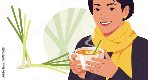 Woman Smiling While Holding a Cup of Lemon Grass Herbal Soup, Relaxing Scene