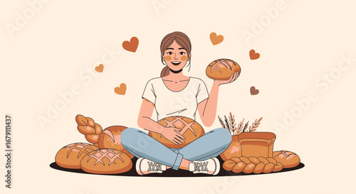 Woman Smiling With Freshly Baked Bread Surrounded by Love Hearts And Baked Goods