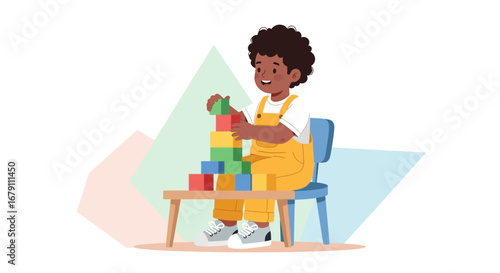 Young Black Child Construction with Wooden Blocks While Playing on Chair