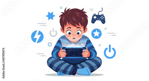Young boy absorbed in playing video games with a portable console and joystick