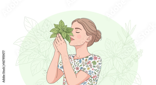 Woman Sniffing Freshly Picked Herbs Symbolizing Nature's Aromatherapy Experience