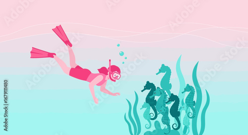Woman snorkeling and exploring seahorses underwater in a beautiful illustration