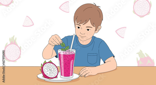 Young Boy Adding Leaves To Dragon Fruit Smoothie Cartoon Illustration For Healthy Eating