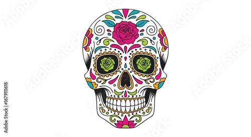 Vibrant Sugar Skull with Ornate Floral Decorations for Day of the Dead Celebration or Halloween, perfect for crafts and designs