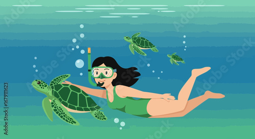 Woman snorkeling with sea turtles in the ocean and enjoying the underwater world for fun
