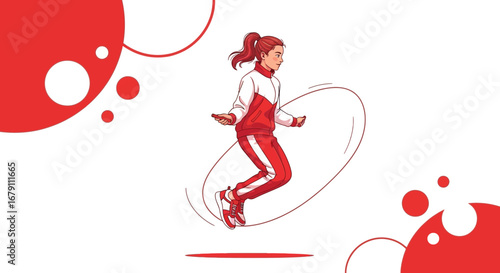 Woman Sportingly Exercising, Jumping Rope, Vector Illustration, Fitness and Health Concept