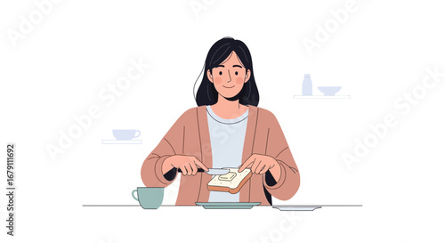 Woman Spreading Butter On Toast: A Simple Morning Ritual In A Flat Illustration