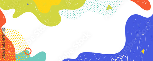 Funky Memphis pattern background with abstract fluid shapes and playful crayon texture. Pop art lines and geometric shapes in a trendy 90s or 80s style. Playground banner frame with text place