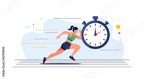 Woman Sprinting Towards Goal Before Stopwatch, Illustrative Concept Of Time Management