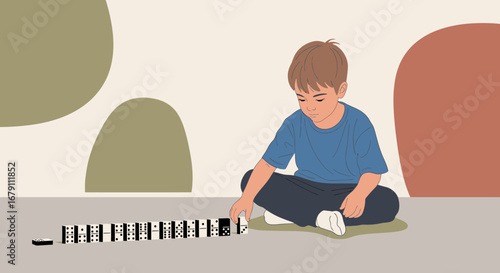 Young Boy Carefully Arranging Dominoes While  Concentrating On His Activity
