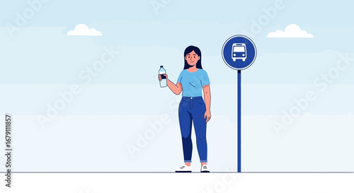 Woman Standing At A Bus Station Holding Bottled Water And Waiting For The Bus