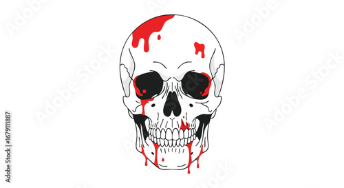 Bleeding skull graphic illustration with dripping red fluid against a stark white canvas eerie composition