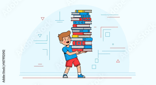 Young boy carrying a large stack of books representing knowledge and education.