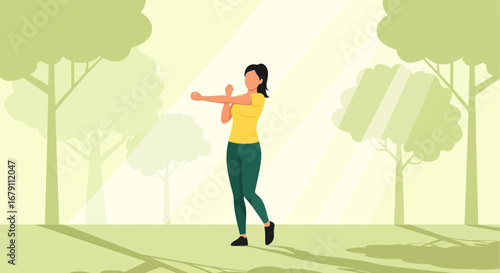 Woman stretching and exercising outdoors in a park or natural environment in bright sunlight