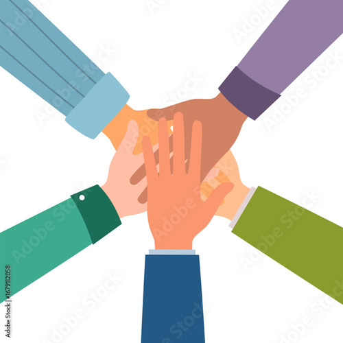 A flat vector illustration of a stack of hands of a multinational people making a gesture of unity, cohesion and support.