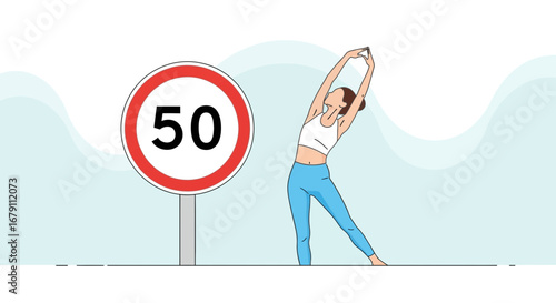 Woman Stretching Beside Speed Limit Sign Illustrating Flexibility and Healthy Lifestyle