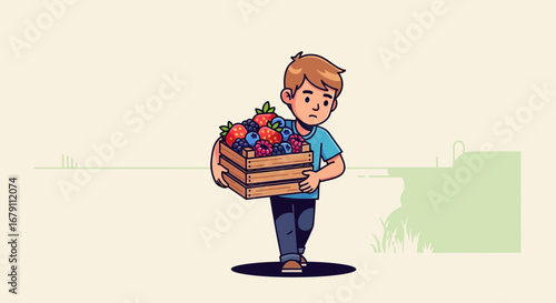 Young Boy Carrying Freshly Harvested Berries in Wooden Crate Across Grassy Field