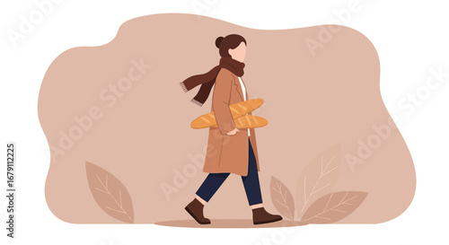 Woman Strolling With Baguettes In A Casual Outfit Against A Beige Backdrop Scene