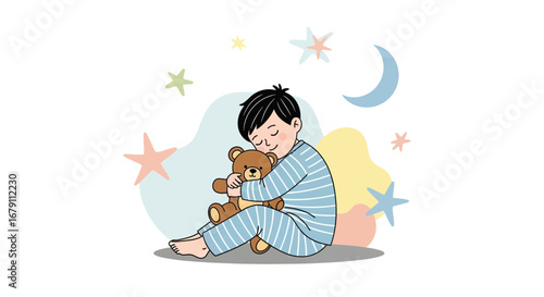 Young Boy Comforted By A Plush Toy And A Dreamy Night Atmosphere Illustration