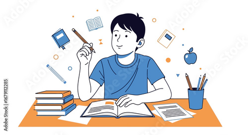 Young Boy Concentrating On His Studies, Surrounded By Study Elements