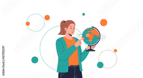 Woman Studying Globe Showing Global Connections: Illustration Of International Understanding