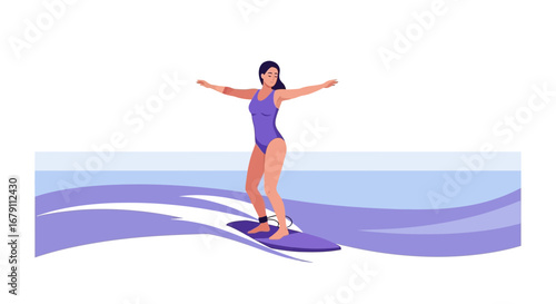 Woman Surfing On A Wave, Exercising Her Balance And Appreciating The Surf Activity