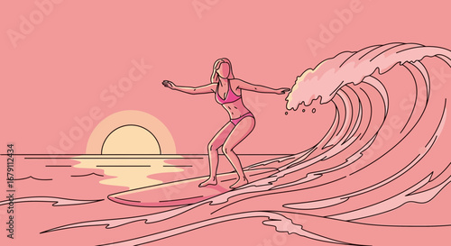 Woman surfing on a wave at sunset in a minimalist illustration style