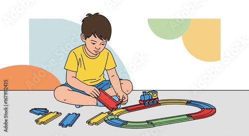 Young Boy Constructing Toy Train Track, Joyfully Playing With Whimsical Elements, Happy Childhood