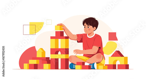 Young Boy Constructing Tower With Geometric Blocks For Creative Childhood Fun