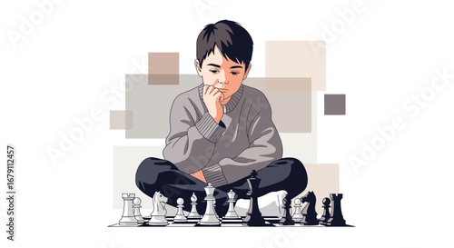 Young Boy Contemplating Chess Moves With Focus And Strategic Planning Artwork