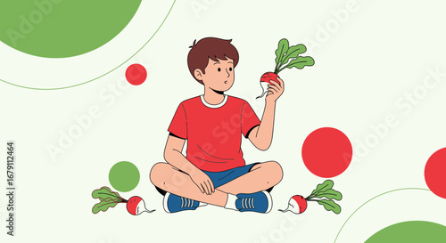 Young Boy Contemplating Vibrant Vegetables in a Playful Composition