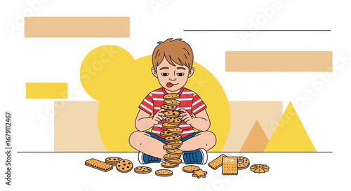 Young Boy Contemplating A Stack Of Cookies, Eyes Fixed With Anticipation And Delight