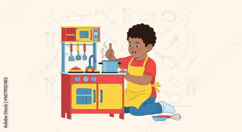Young Boy Cooking and Having Fun in a Colorful Play Kitchen, Imagination Flourishes
