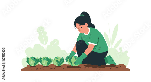 Woman Tenderly Cultivating Leafy Greens in A Home Garden With Care and Greenery
