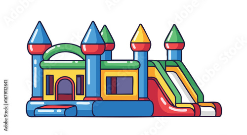 Vibrant inflatable castle illustration with towers and slide for childrens entertainment playground, colorful and fun suitable for party or