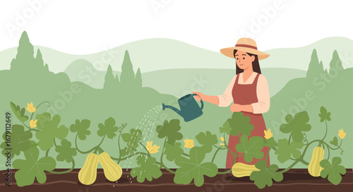 Woman Tending Garden And Watering The Vegetables In A Sunny Backyard Scene