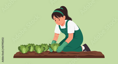 Woman Tending Garden with Freshly Grown Vegetables for Healthy Eating Habits