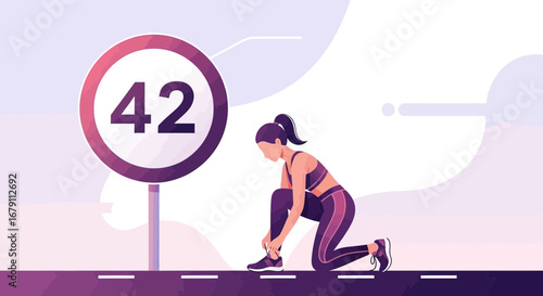 Woman Ties Shoe, Ready To Run With Sporty Appearance, Countdown Sign Nearby