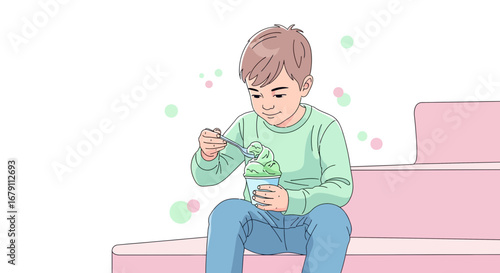 Young Boy Delightfully Savoring Refreshing Green Ice Cream on Pink Terrace Steps