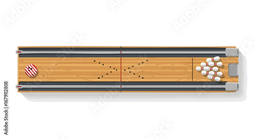 Overhead view of a classic bowling alley illustrating the sport and recreational activity of bowling with a pin and a ball in action