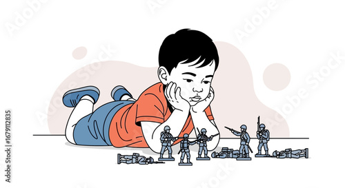 Young Boy Dreaming About Toy Soldiers During Playtime Conceptual Illustration