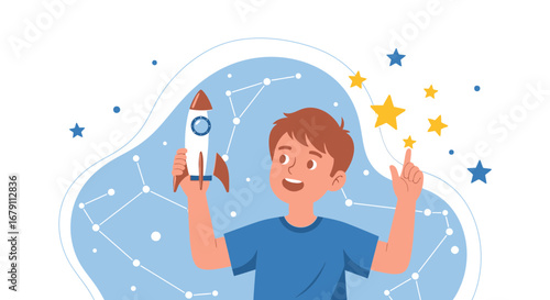 Young Boy Dreams of Space Travel with Rocket and Celestial Constellations