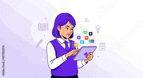 Woman using Tablet to do Research to learn or access information or read emails