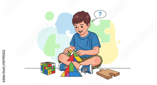 Young Boy Engaged In Problem-Solving Playing With Cubes, Puzzles, and Tangrams