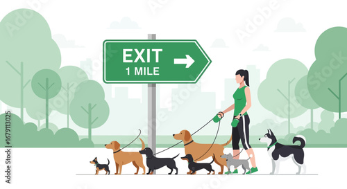Woman Walking Dogs At A Park With Exit Sign, Going In A Specific Direction