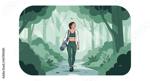 Woman Walking in a Forest Ready for Yoga or Fitness with a Mat in hand