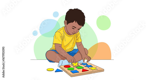 Young Boy Engaged in Shape Matching Activity for Early Childhood Development
